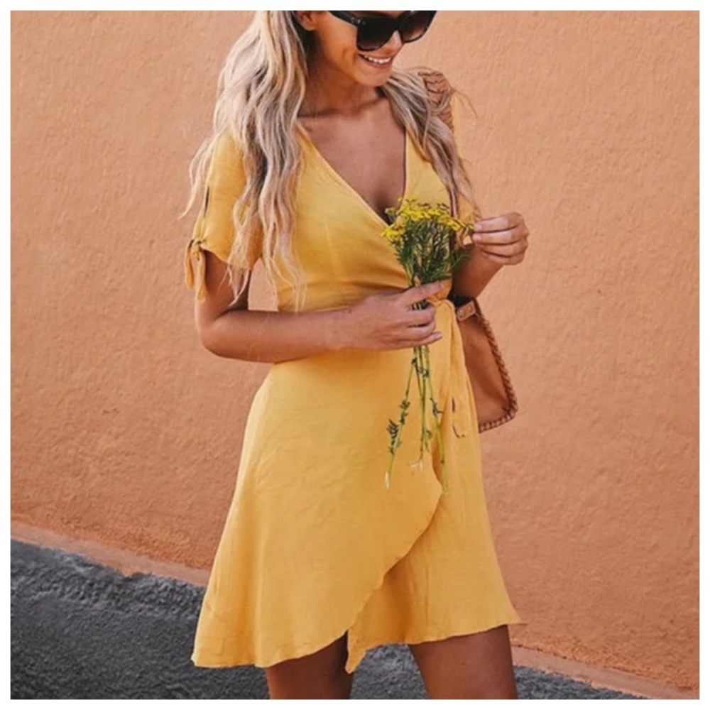 Lulus My Philosophy Golden Yellow Wrap Dress XS